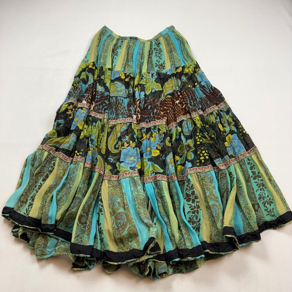 Anii By Natural Womens Medium Boho Tiered Maxi Skirt Paisley Floral Patchwork - Picture 7 of 8